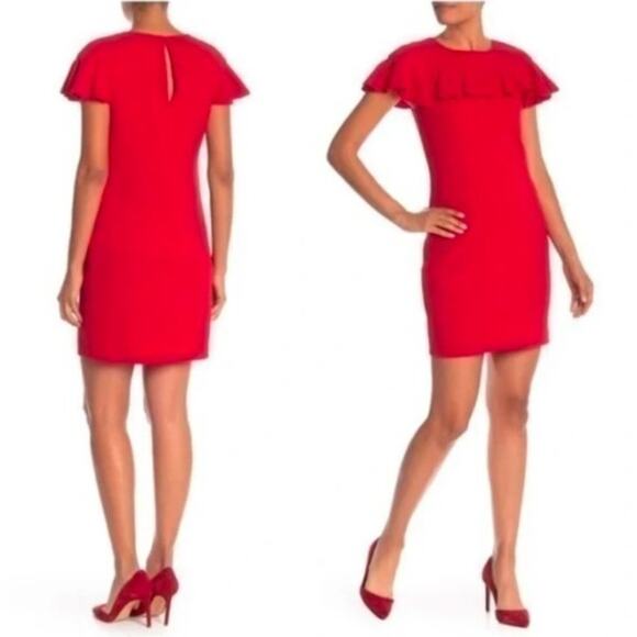 Trina Turk Red Shimmer Ruffle Sheath Dress Size 10 - Picture 2 of 10